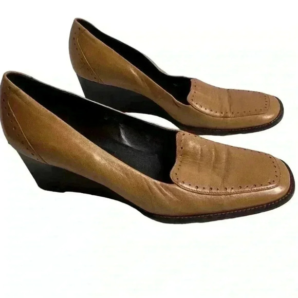 Etienne Aigner Women's Brown Leather Slip-On Wedge Heels Square Toe Size 9 - Picture 14 of 16